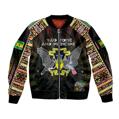 Personalized Sao Tome and Principe Roots Sleeve Zip Bomber Jacket African Pride in Fingerprint and Tribal Colors