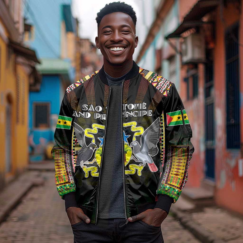 Personalized Sao Tome and Principe Roots Sleeve Zip Bomber Jacket African Pride in Fingerprint and Tribal Colors
