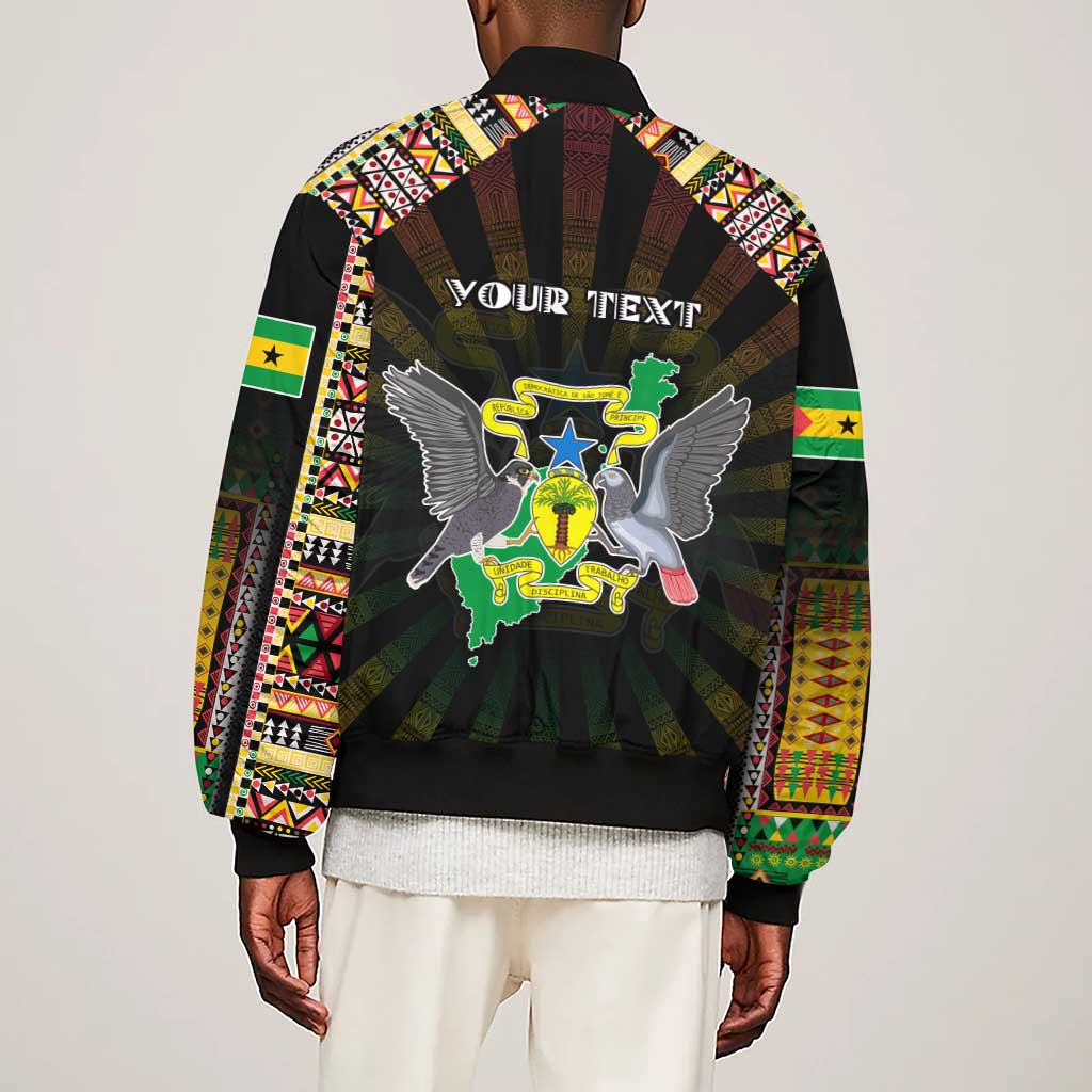 Personalized Sao Tome and Principe Roots Sleeve Zip Bomber Jacket African Pride in Fingerprint and Tribal Colors