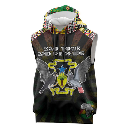 Personalized Sao Tome and Principe Roots Sleeveless Hoodie African Pride in Fingerprint and Tribal Colors - African Pride