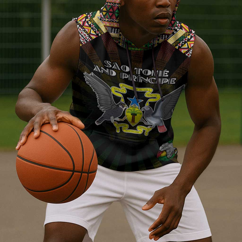 Personalized Sao Tome and Principe Roots Sleeveless Hoodie African Pride in Fingerprint and Tribal Colors - African Pride