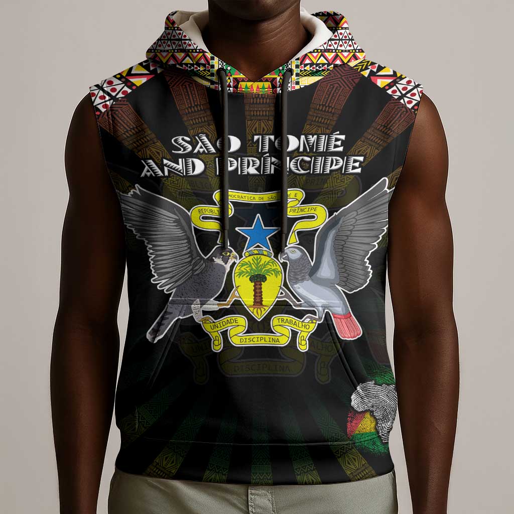 Personalized Sao Tome and Principe Roots Sleeveless Hoodie African Pride in Fingerprint and Tribal Colors - African Pride