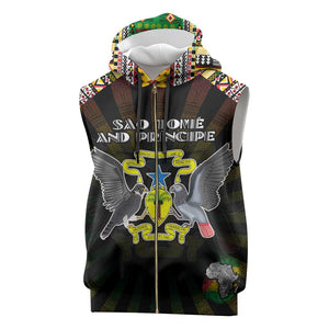 Personalized Sao Tome and Principe Roots Sleeveless Zip Hoodie African Pride in Fingerprint and Tribal Colors - African Pride
