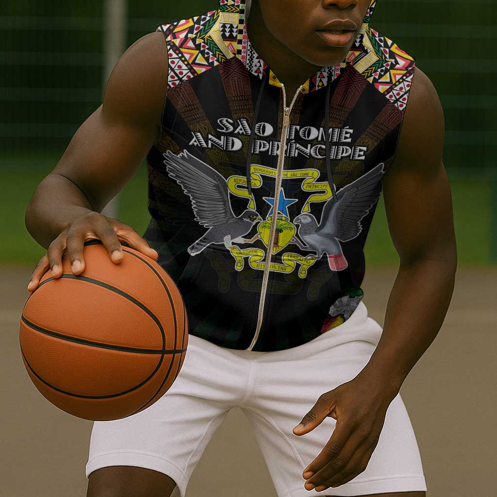Personalized Sao Tome and Principe Roots Sleeveless Zip Hoodie African Pride in Fingerprint and Tribal Colors - African Pride