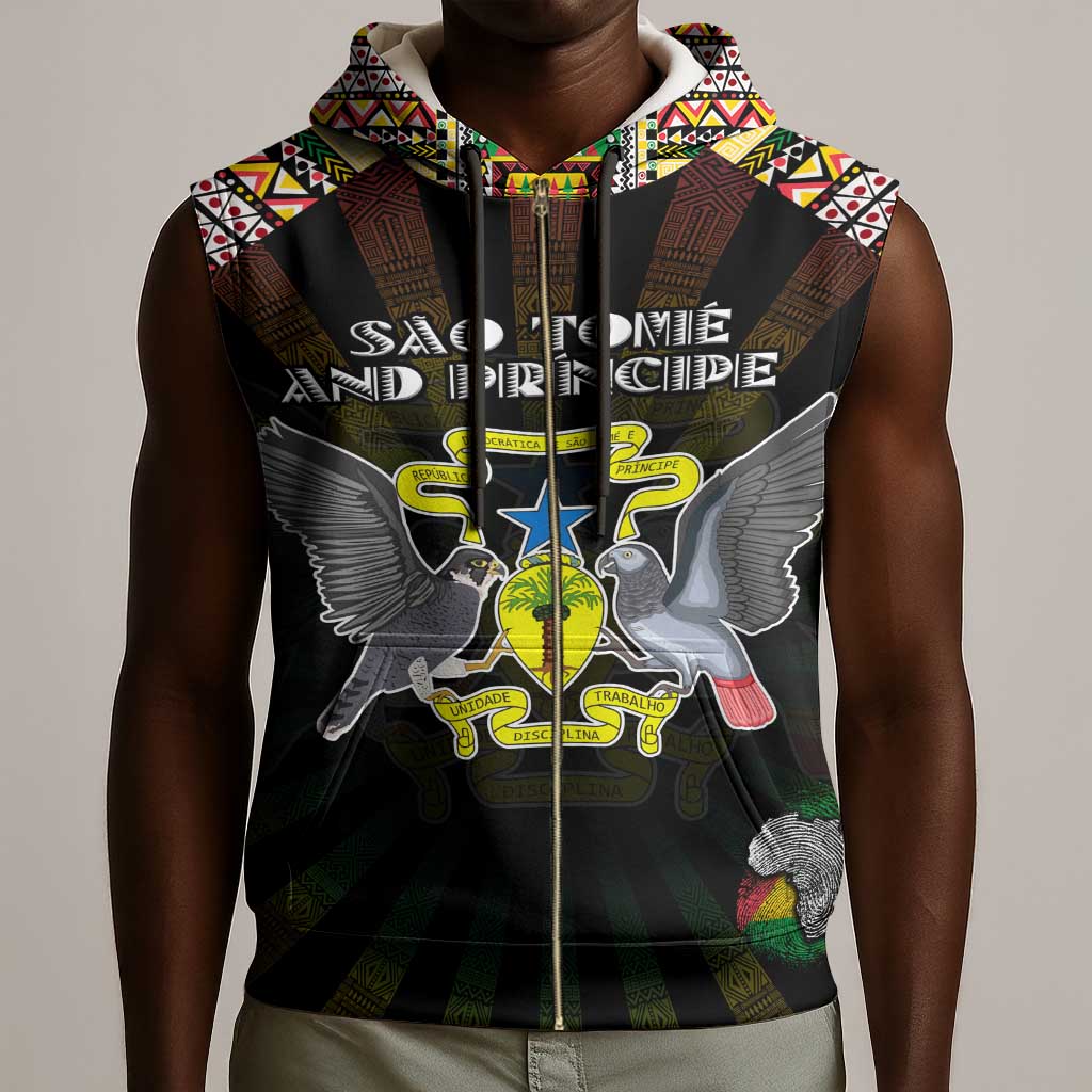 Personalized Sao Tome and Principe Roots Sleeveless Zip Hoodie African Pride in Fingerprint and Tribal Colors - African Pride