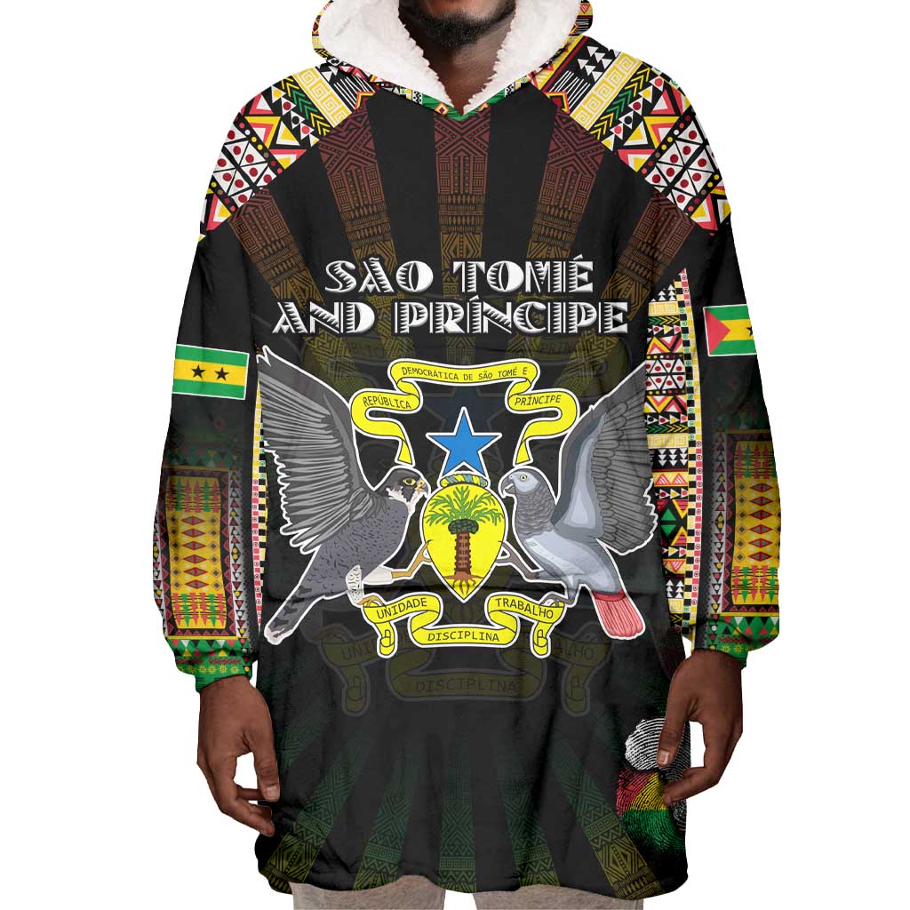 Personalized Sao Tome and Principe Roots Wearable Blanket Hoodie African Pride in Fingerprint and Tribal Colors