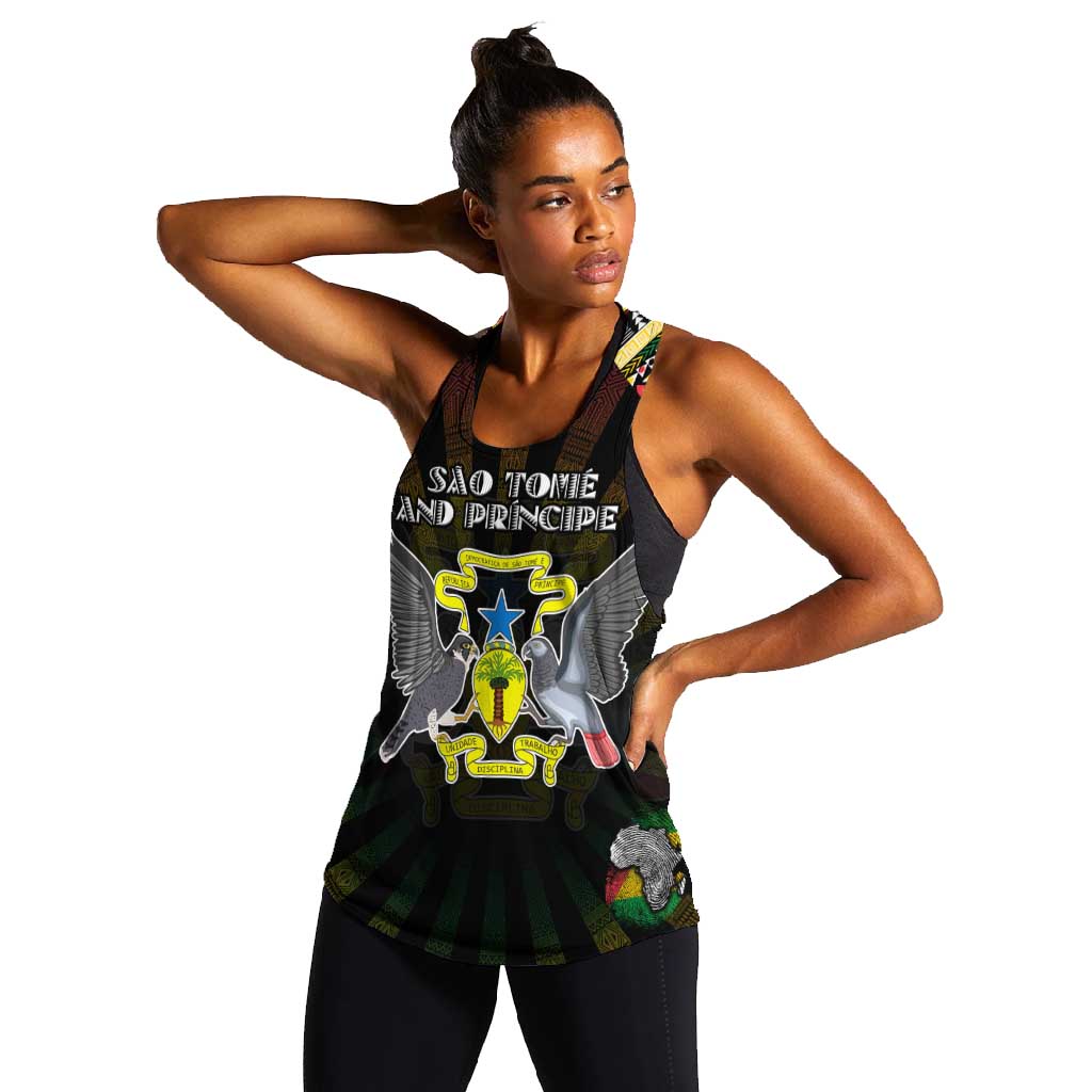 Personalized Sao Tome and Principe Roots Women Racerback Tank African Pride in Fingerprint and Tribal Colors