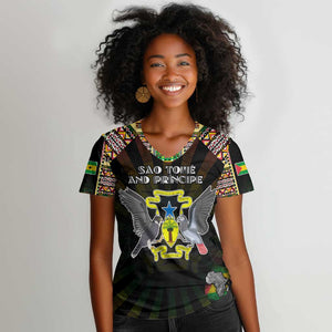 Personalized Sao Tome and Principe Roots Women V-Neck T-Shirt African Pride in Fingerprint and Tribal Colors