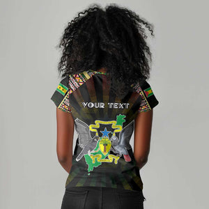 Personalized Sao Tome and Principe Roots Women V-Neck T-Shirt African Pride in Fingerprint and Tribal Colors