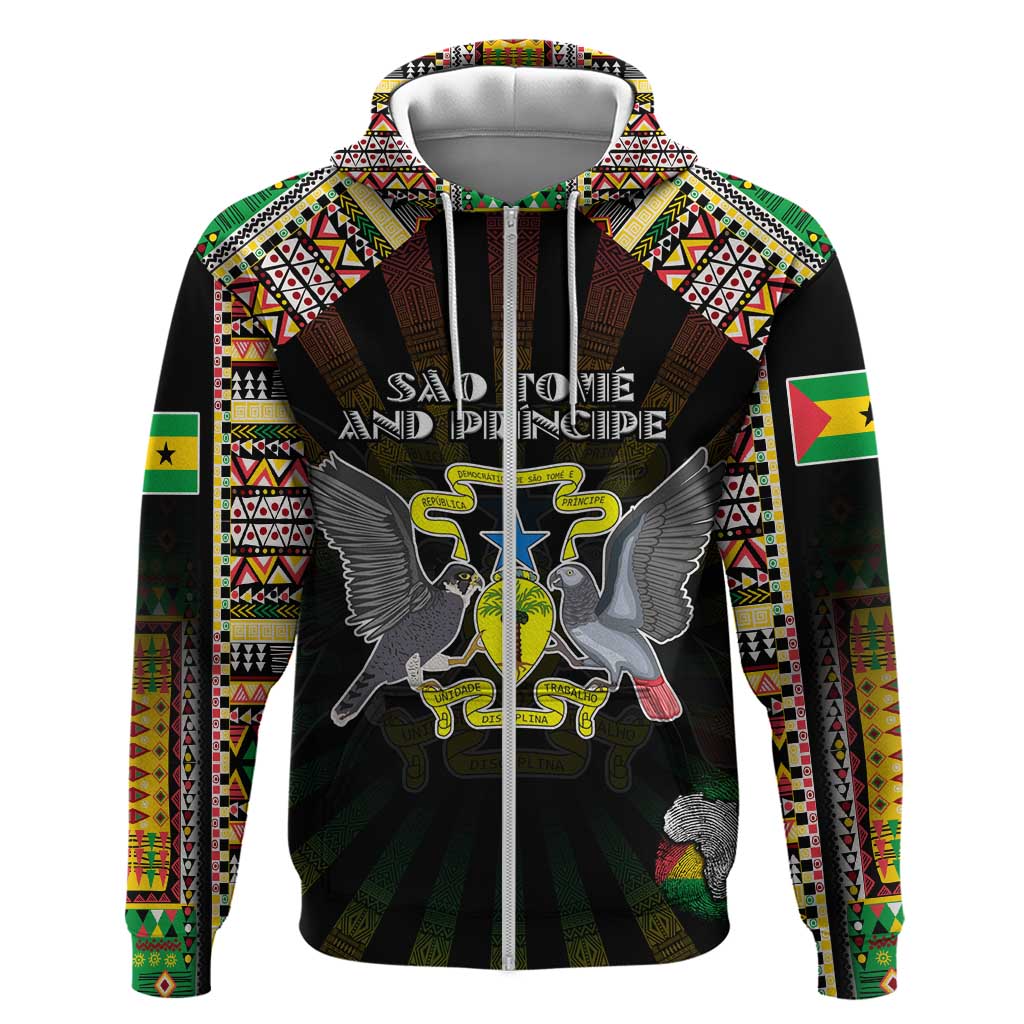 Personalized Sao Tome and Principe Roots Zip Hoodie African Pride in Fingerprint and Tribal Colors