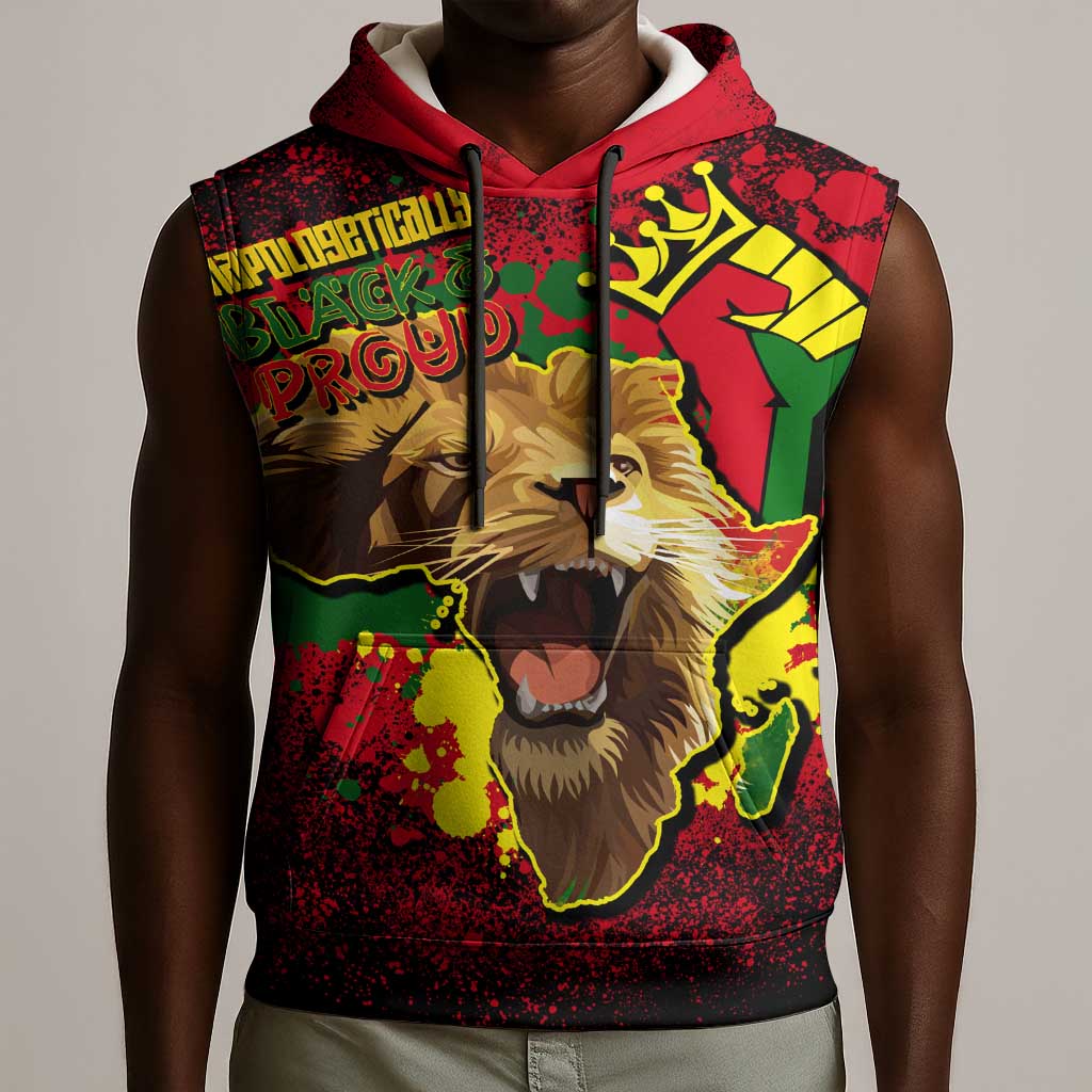 Unapologetically Black and Proud Sleeveless Hoodie Africa Map with Lion - African Pride