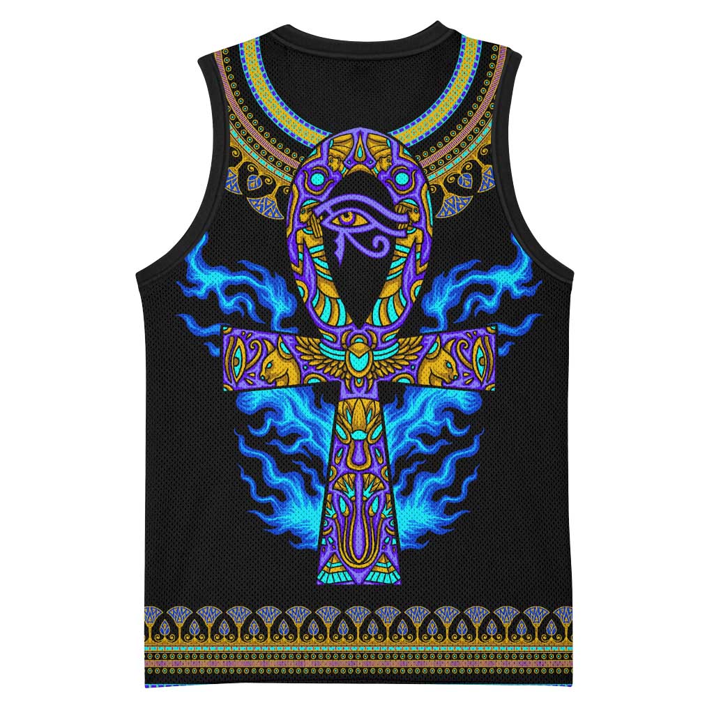 Egyptian Ankh Golden Blue Fire Basketball Jersey - African Pride