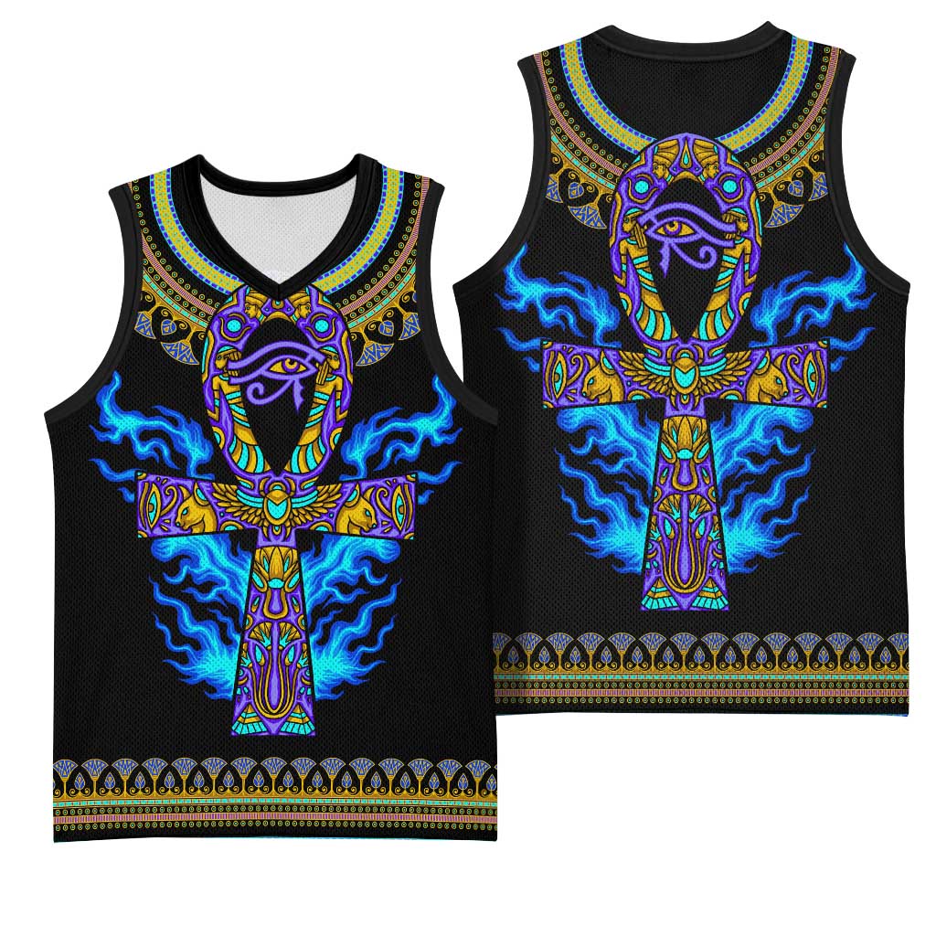 Egyptian Ankh Golden Blue Fire Basketball Jersey - African Pride