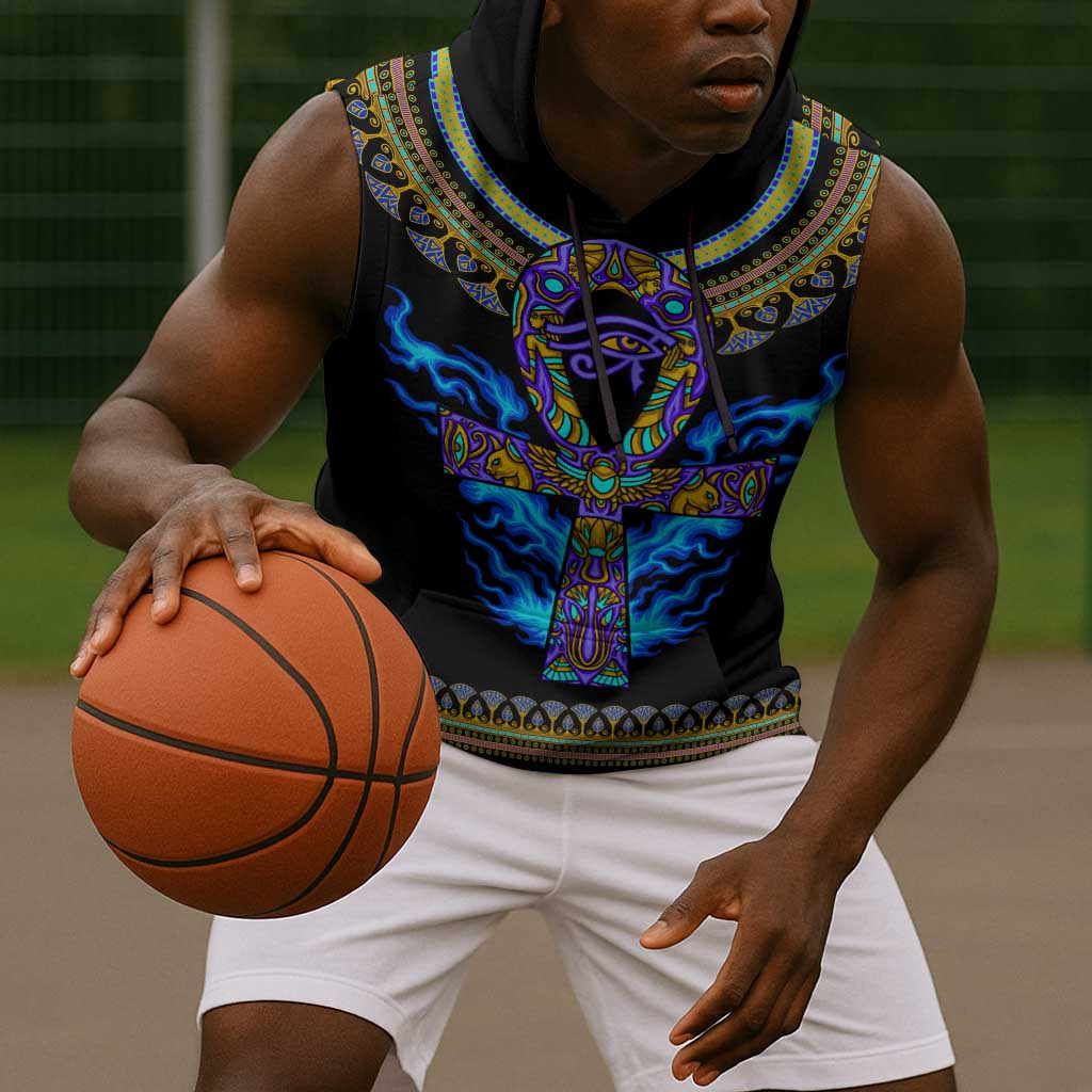 Egyptian Ankh Golden Blue Fire Sleeveless Hoodie - African Pride