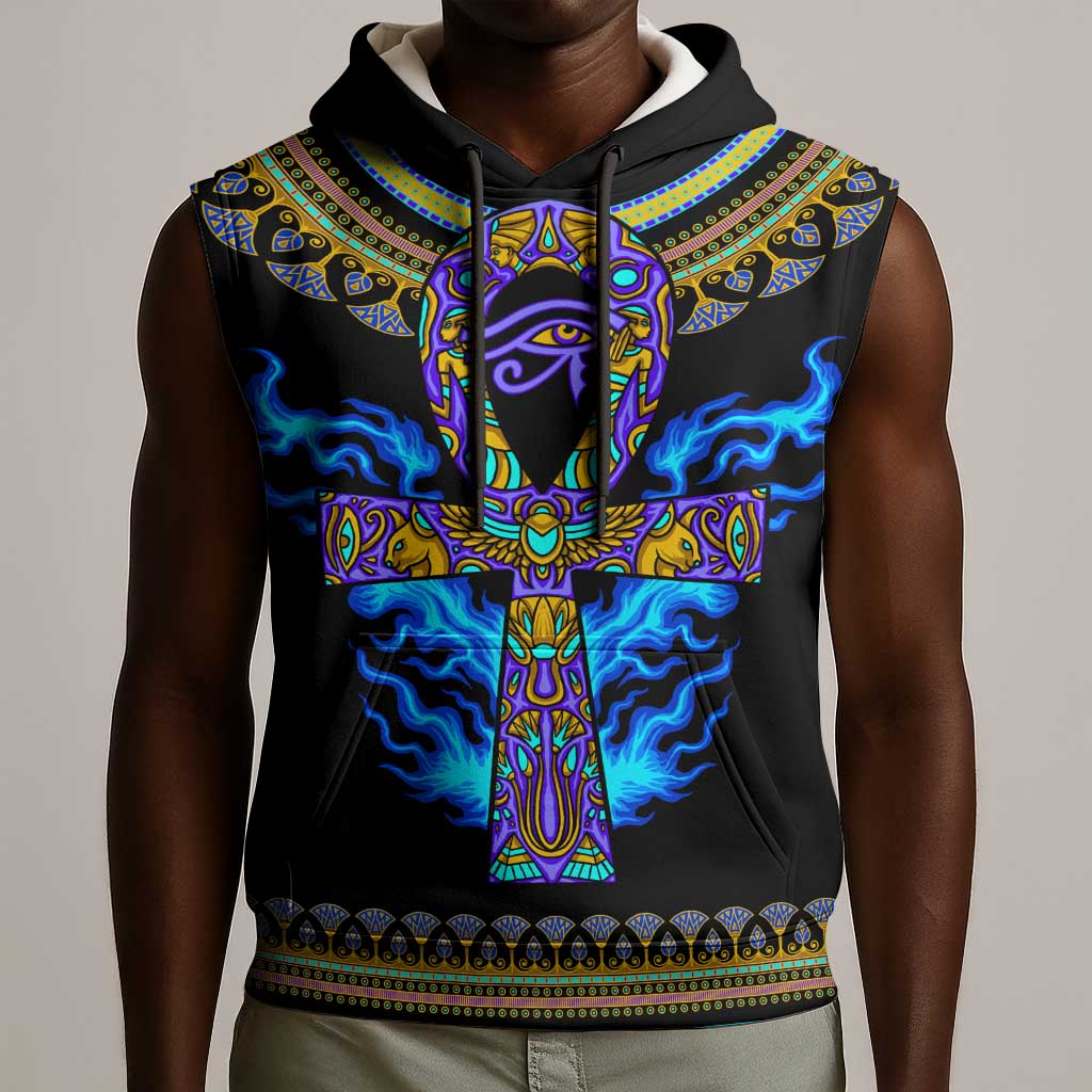 Egyptian Ankh Golden Blue Fire Sleeveless Hoodie - African Pride