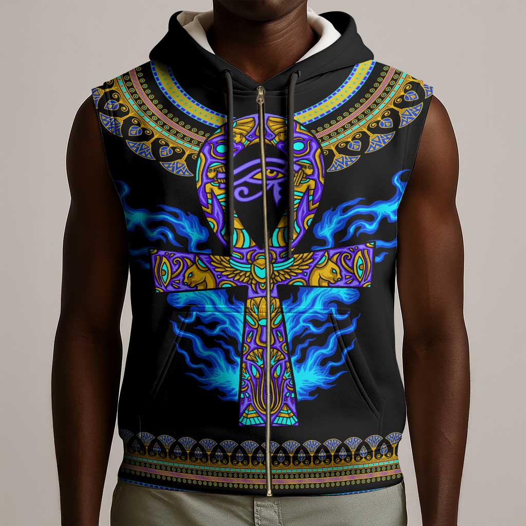 Egyptian Ankh Golden Blue Fire Sleeveless Zip Hoodie - African Pride