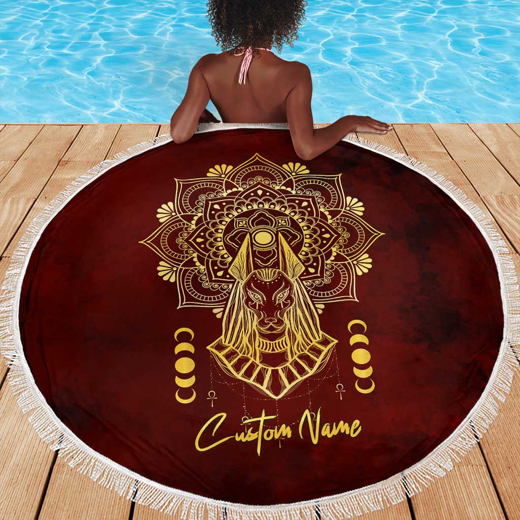 Personalized Anubis Beach Blanket Ancient Egyptian Pattern In Red