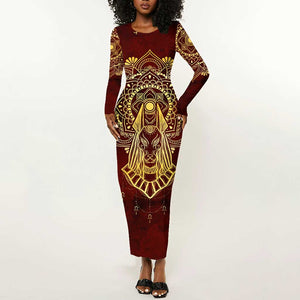 Personalized Anubis Long Sleeve Bodycon Dress Ancient Egyptian Pattern In Red DT02