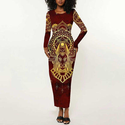 Personalized Anubis Long Sleeve Bodycon Dress Ancient Egyptian Pattern In Red DT02