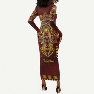 Personalized Anubis Long Sleeve Bodycon Dress Ancient Egyptian Pattern In Red DT02