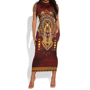 Personalized Anubis Short Sleeve Bodycon Dress Ancient Egyptian Pattern In Red DT02