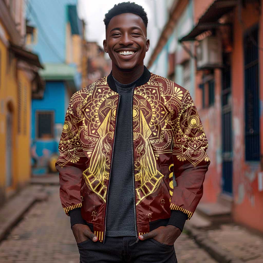 Personalized Anubis Sleeve Zip Bomber Jacket Ancient Egyptian Pattern In Red