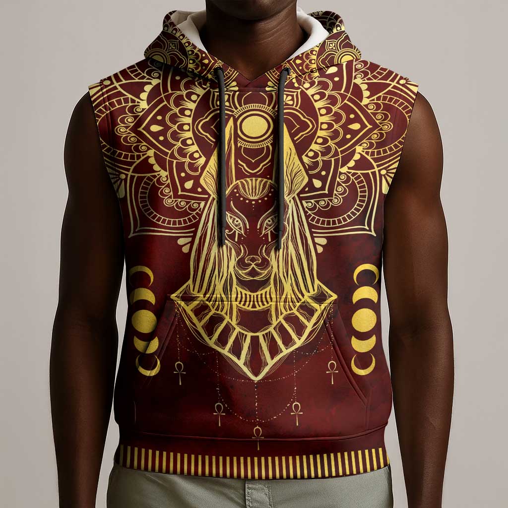 Personalized Anubis Sleeveless Hoodie Ancient Egyptian Pattern In Red - African Pride