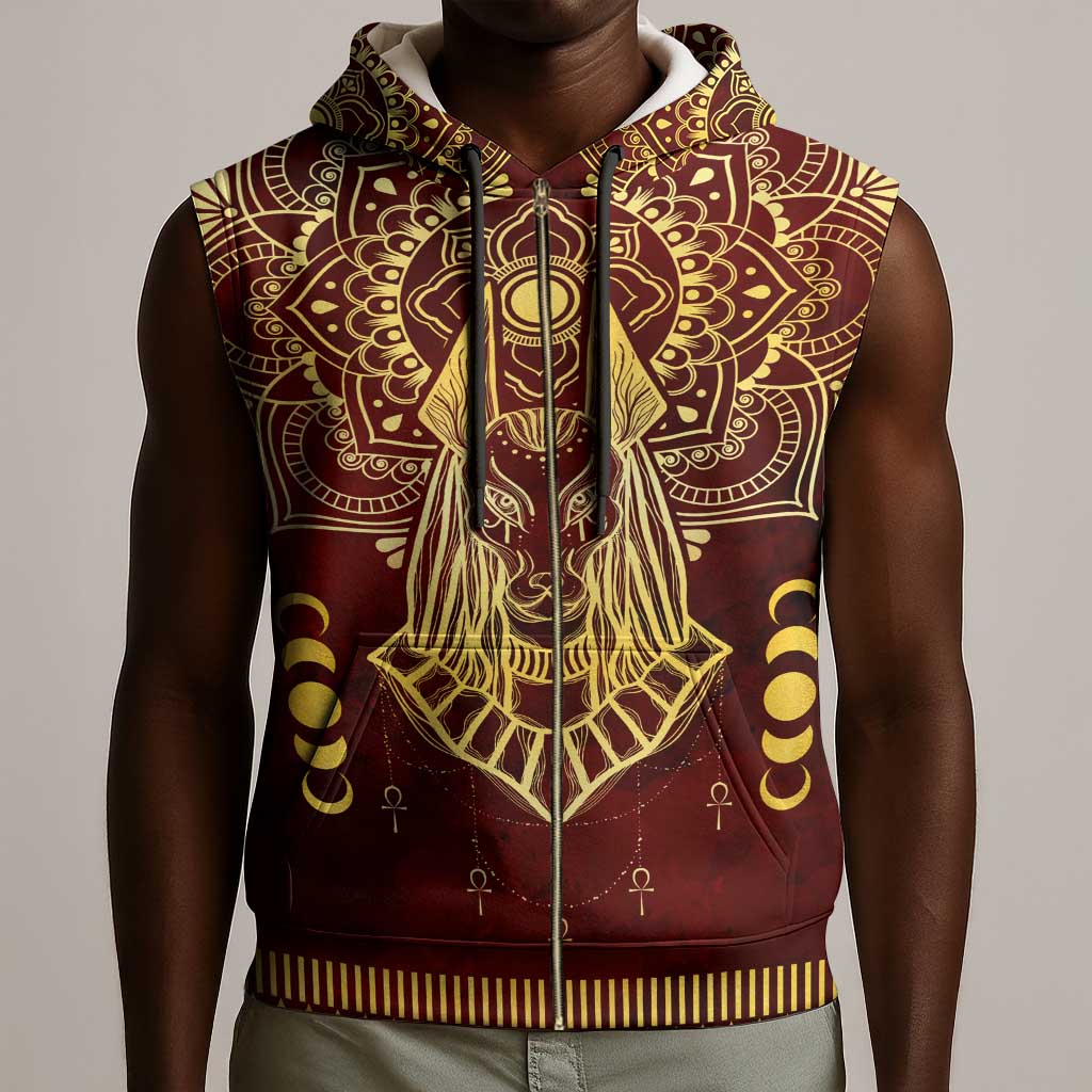 Personalized Anubis Sleeveless Zip Hoodie Ancient Egyptian Pattern In Red - African Pride