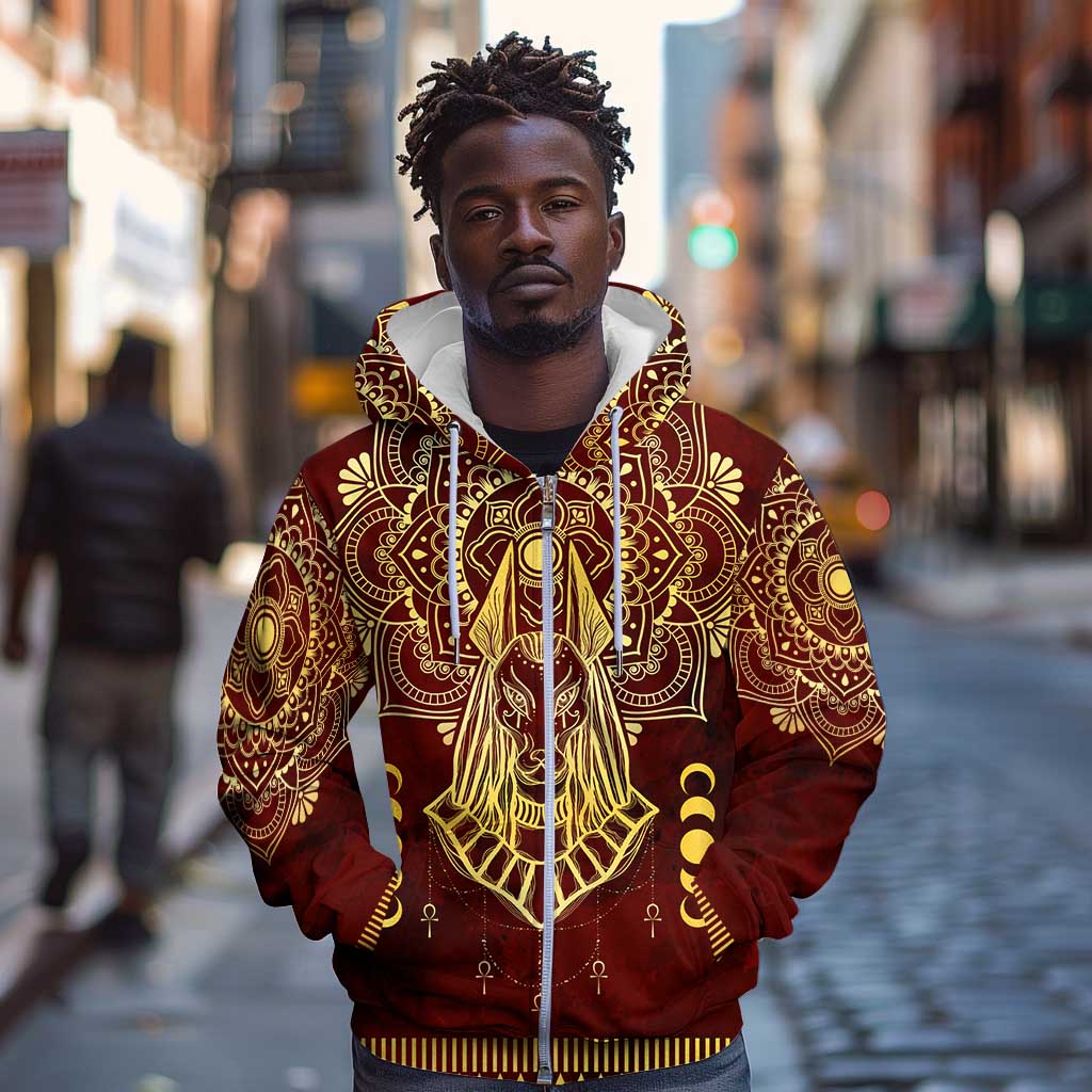 Personalized Anubis Zip Hoodie Ancient Egyptian Pattern In Red