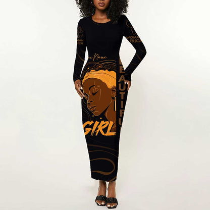 Personalized Beautiful Black Girl Long Sleeve Bodycon Dress - Women of Africa Design DT02