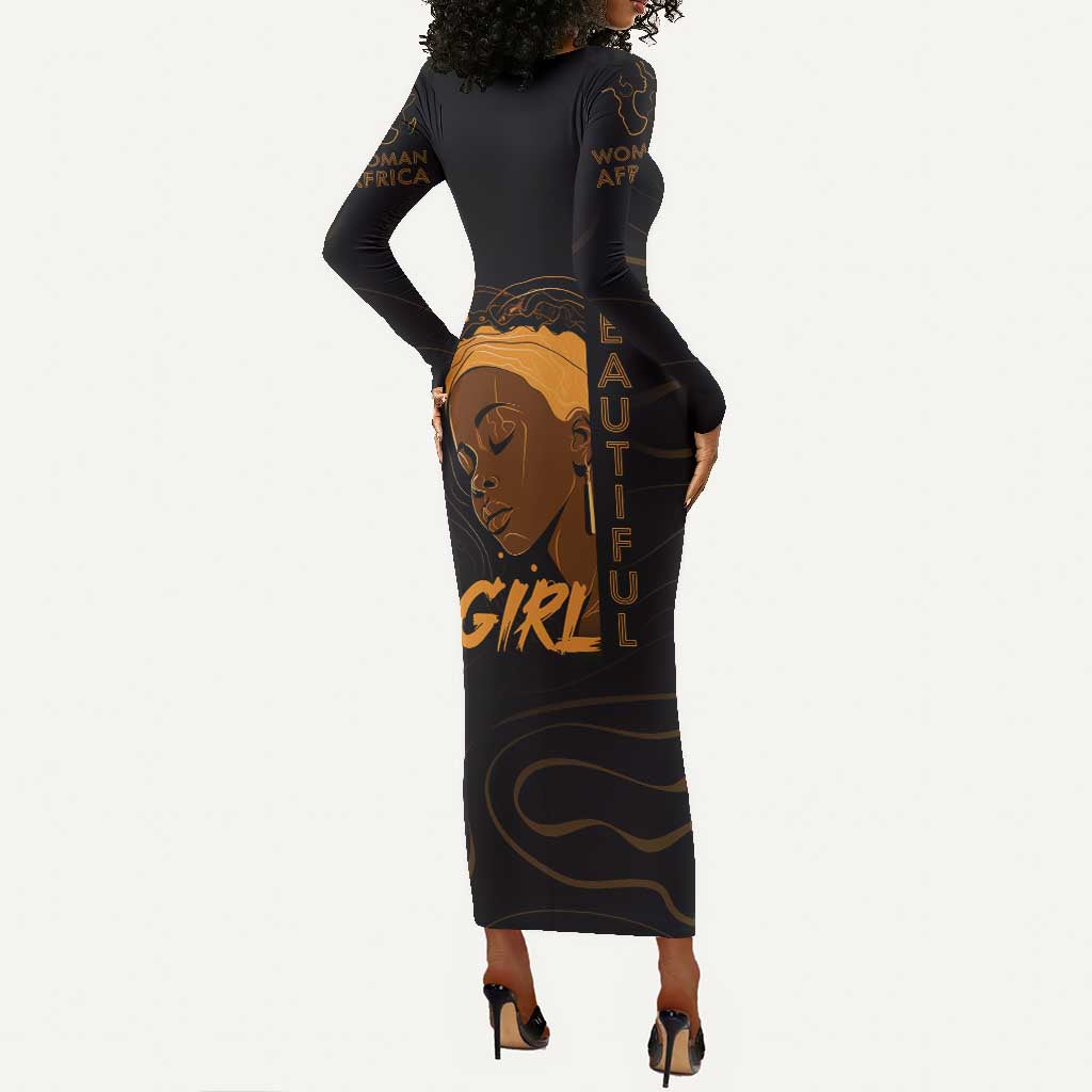 Personalized Beautiful Black Girl Long Sleeve Bodycon Dress - Women of Africa Design DT02