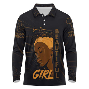 Personalized Beautiful Black Girl Long Sleeve Polo Shirt - Women of Africa Design