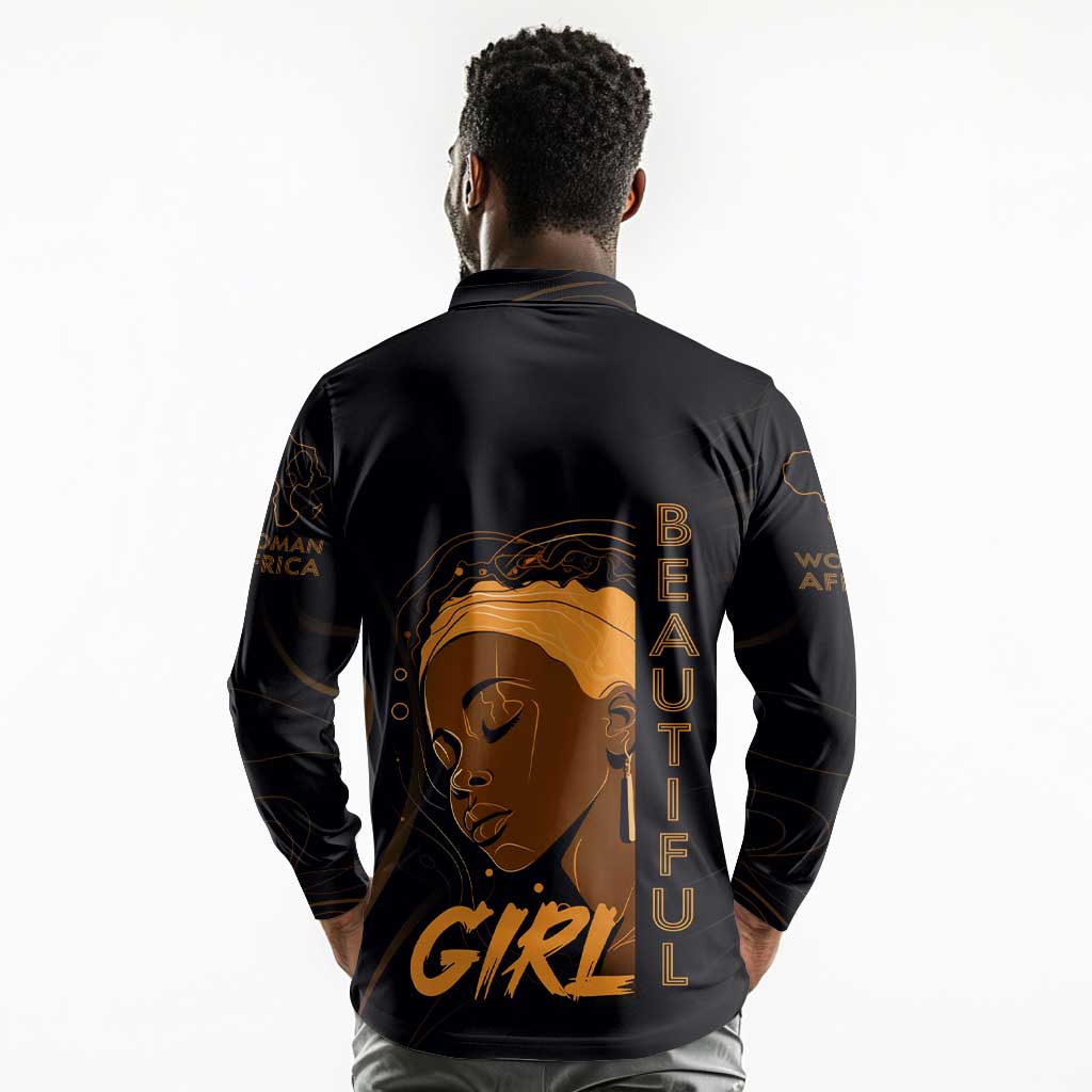 Personalized Beautiful Black Girl Long Sleeve Polo Shirt - Women of Africa Design