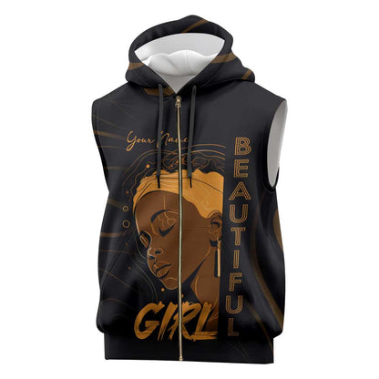 Personalized Beautiful Black Girl Sleeveless Zip Hoodie - Women of Africa Design - African Pride