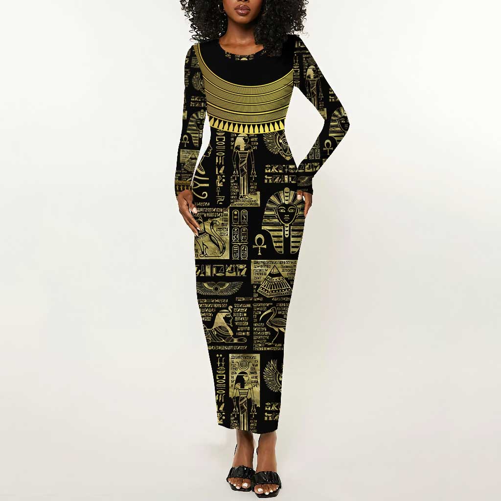 Egypt Pharaoh Long Sleeve Bodycon Dress Egyptian Hieroglyphs and Symbols DT02