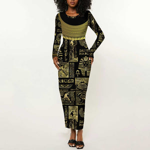 Egypt Pharaoh Long Sleeve Bodycon Dress Egyptian Hieroglyphs and Symbols DT02