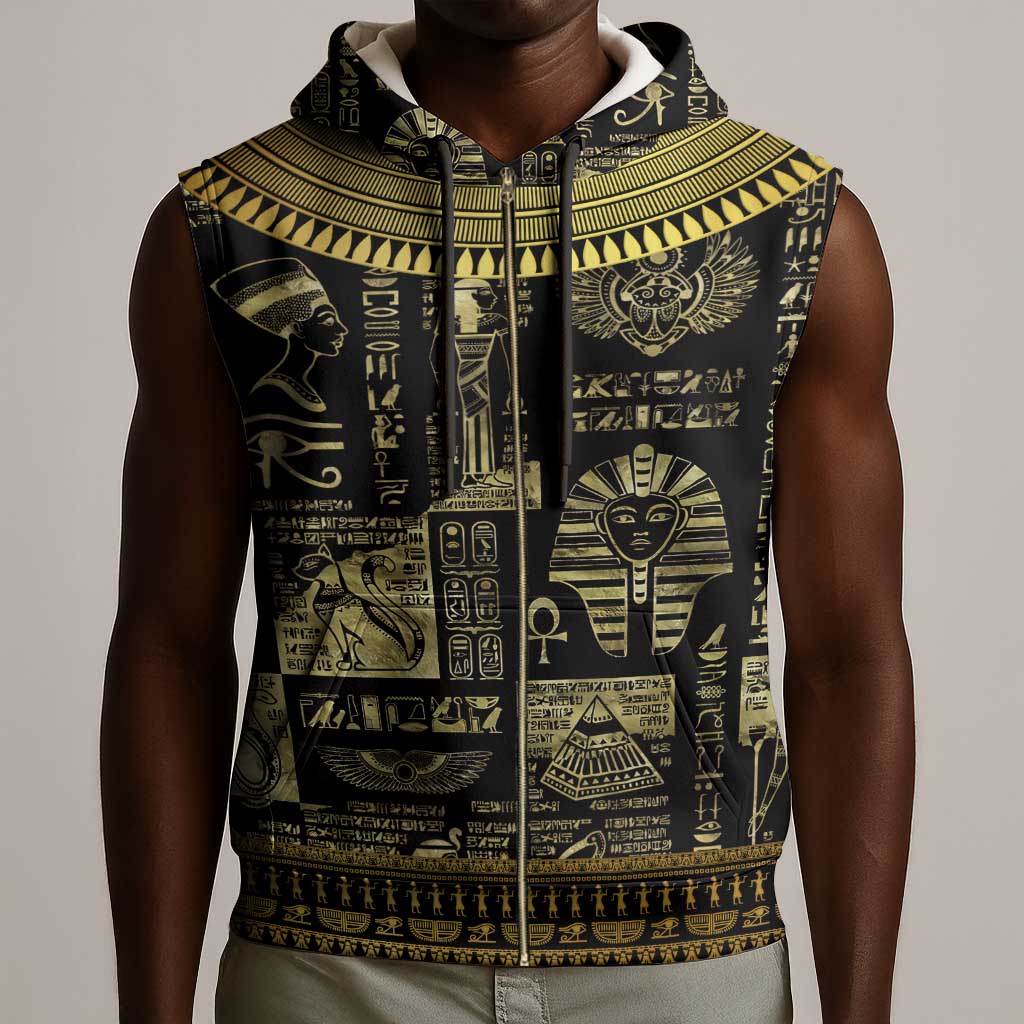 Egypt Pharaoh Sleeveless Zip Hoodie Egyptian Hieroglyphs and Symbols - African Pride