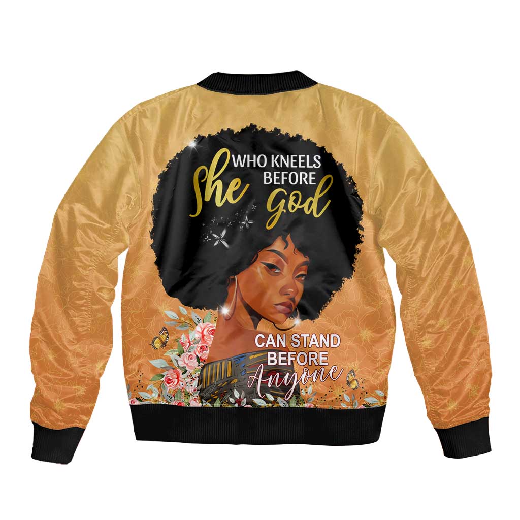 Personalized African Black Women Sleeve Zip Bomber Jacket She Who Kneels Before God