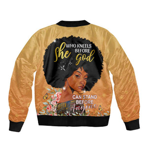 Personalized African Black Women Sleeve Zip Bomber Jacket She Who Kneels Before God