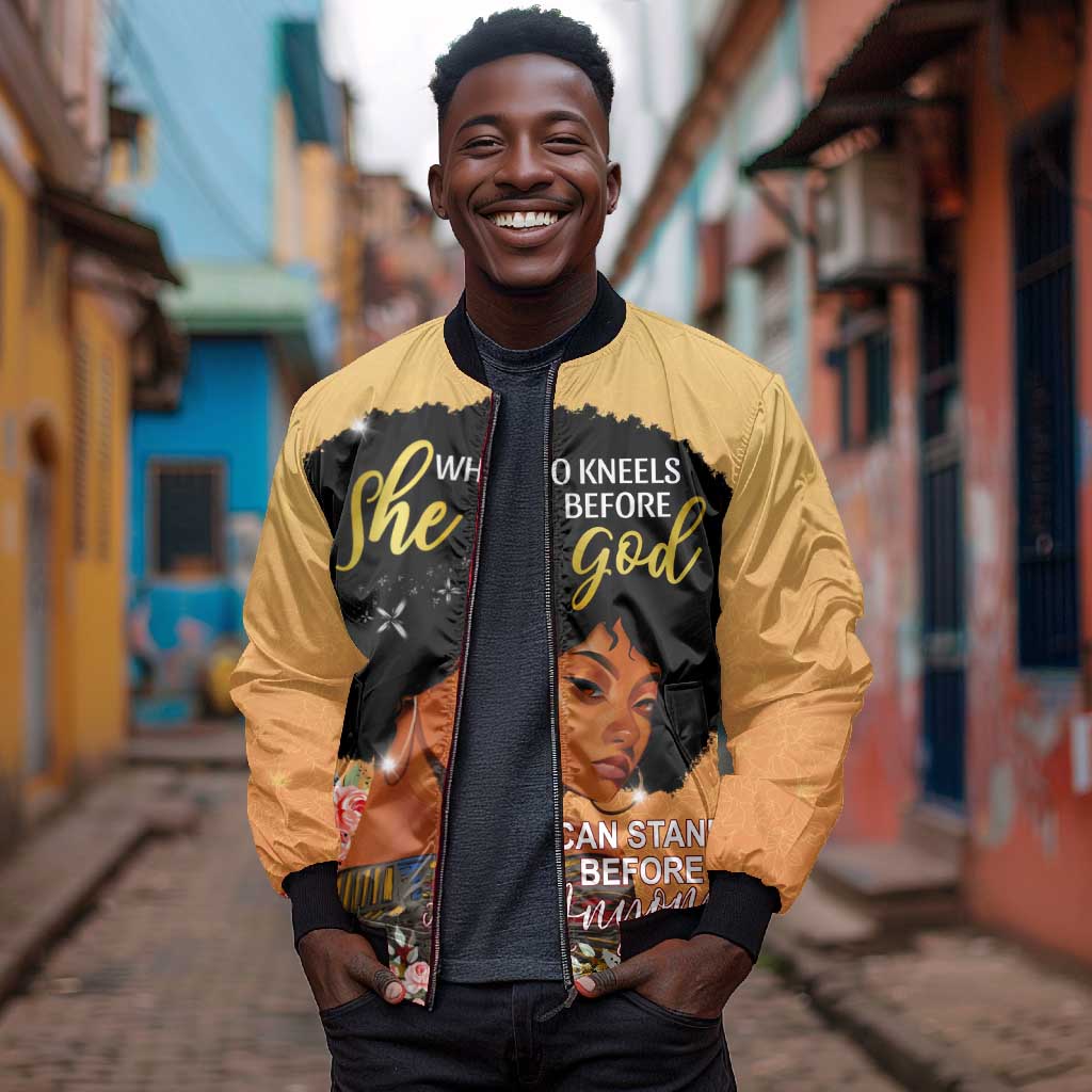 Personalized African Black Women Sleeve Zip Bomber Jacket She Who Kneels Before God