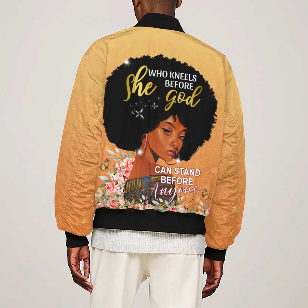 Personalized African Black Women Sleeve Zip Bomber Jacket She Who Kneels Before God