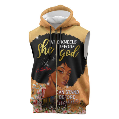 Personalized African Black Women Sleeveless Zip Hoodie She Who Kneels Before God - African Pride