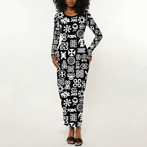 African Adinkra Long Sleeve Bodycon Dress - Mixed Pattern Symbols DT02
