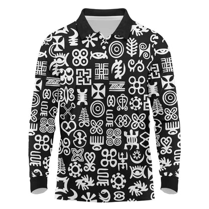 African Adinkra Long Sleeve Polo Shirt - Mixed Pattern Symbols