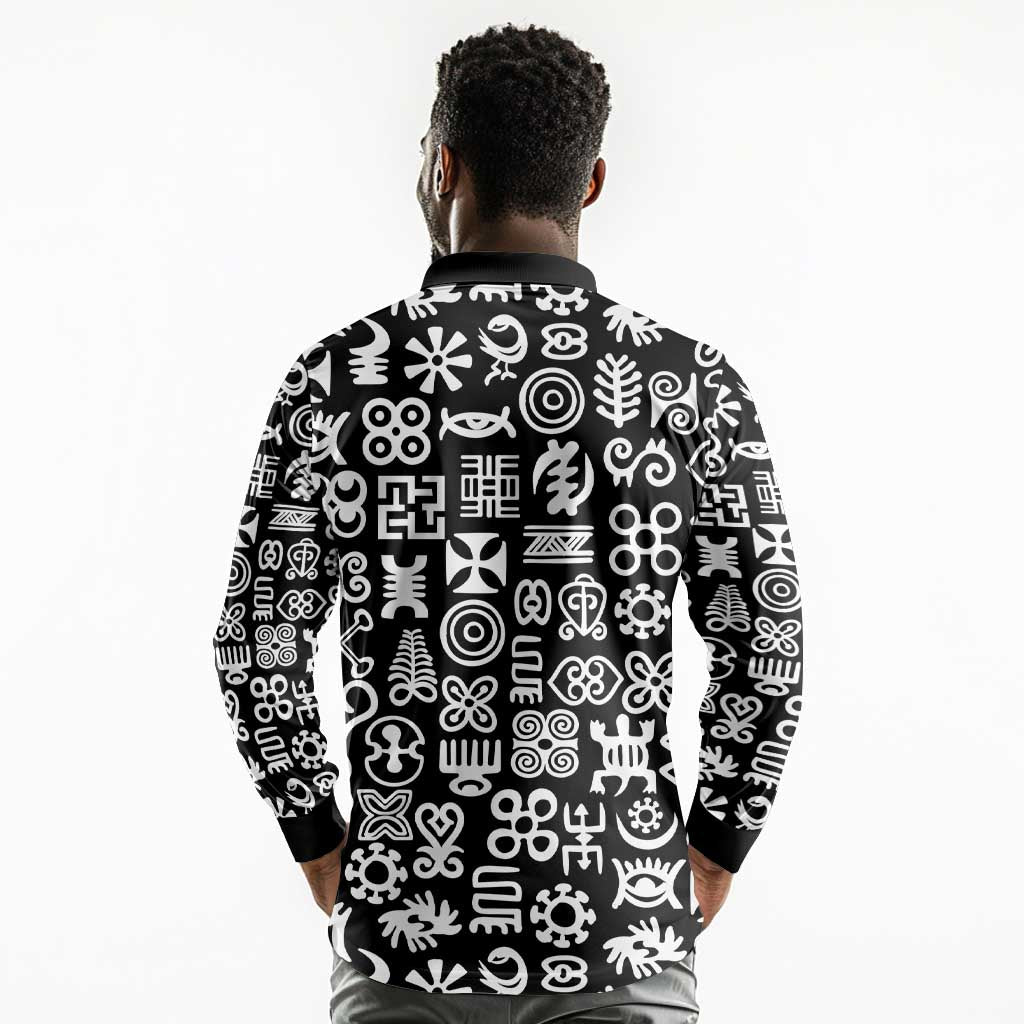 African Adinkra Long Sleeve Polo Shirt - Mixed Pattern Symbols