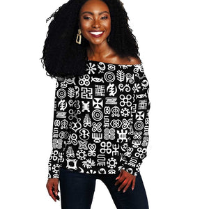 African Adinkra Off Shoulder Sweater - Mixed Pattern Symbols