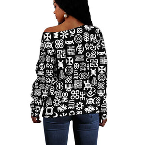 African Adinkra Off Shoulder Sweater - Mixed Pattern Symbols