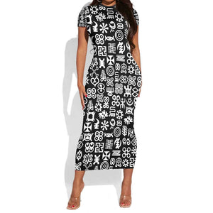 African Adinkra Short Sleeve Bodycon Dress - Mixed Pattern Symbols DT02