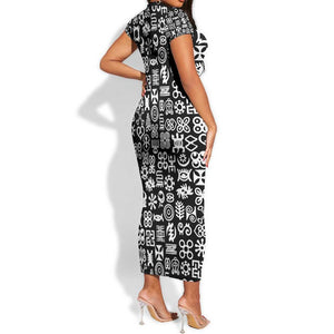 African Adinkra Short Sleeve Bodycon Dress - Mixed Pattern Symbols DT02