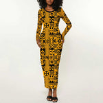 West African Yellow Art - Adinkra Culture Long Sleeve Bodycon Dress DT02
